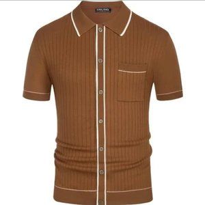 Men's Short Sleeve Full Placket RIVIERA Knit Polo Shirt Piped MOD 60s Cognac